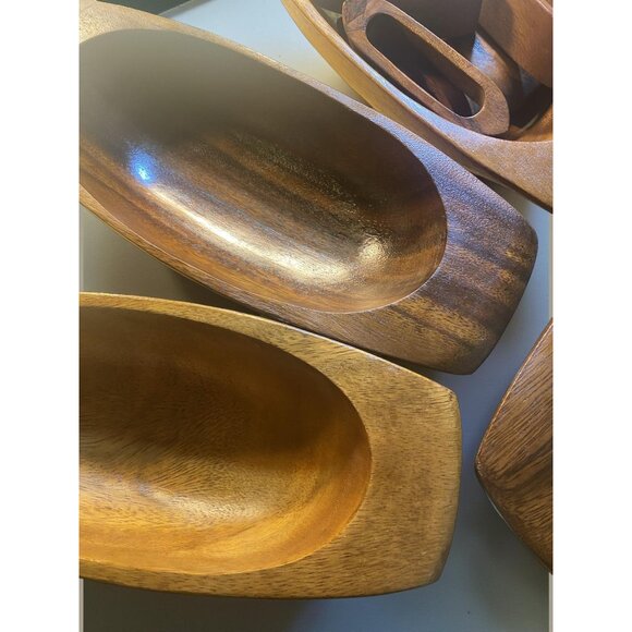 Vintage 6 Wooden Salad Bowl Set with 6 Napkin Rings Midcentury Oblong Bowls - Picture 7 of 11